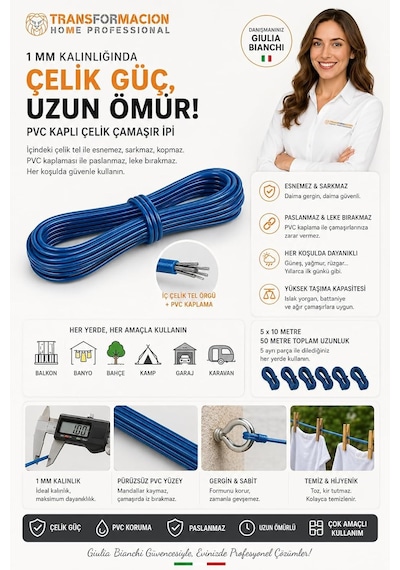 Transformacion 50 Metre Çelik Çamaşır İpi, Pvc Kaplı Paslanmaz Balkon Teli, Esnemez Dayanıklı İp 718621 Diğer