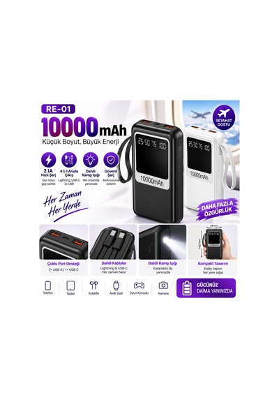 10000 Mah Powerbank 2 Usb Çıkışlı Dahili Type-c Ve Lightning Kablolu Led Işıklı Dijital Göstergeli- Re-01 Diğer