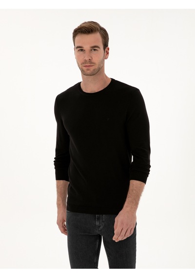 Cacharel Siyah Slim Fit Pamuk Karışımlı Bisiklet Yaka Basic Triko Kazak