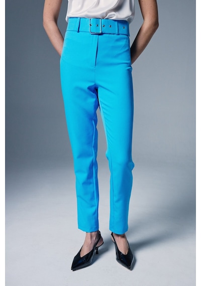 Sateen Yüksek Bel Kemerli Pantolon - Bebe Mavi-132386 Bebe Mavi