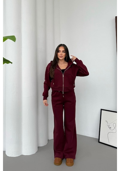Mezka Kadın Çift Fermuar Detaylı Kapüşonlu Kışlık Şardonlu Oversize Eşofman Takımı Bordo