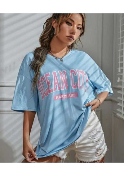 Kozia Outdoors Malkoçbey Ocean City Baskılı Oversize Unisex Basic T-shirt Bebe Mavi