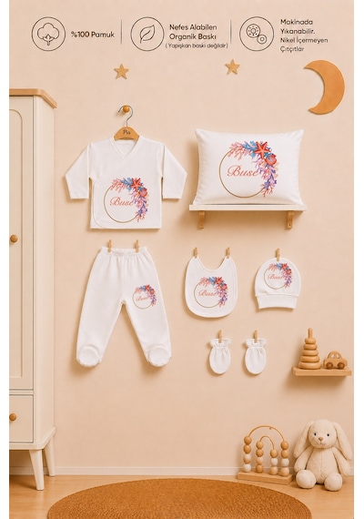 Pia Baby Kız Bebek 7 Parça Hastane Çıkışı Seti %100 Pamuk Kişiye Özel İsimli Zıbın Set 1037zyb0x Ekru
