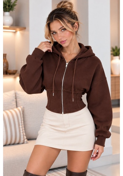Lima Kahve Kadın Kapüşonlu Fermuarlı Crop Sweatshirt Beli Korse Detaylı Uzun Kollu Oversize Sweat Lima Kahve Kadın Kapüşonlu Fermuarlı Crop Sweatshirt Beli Korse Detaylı Uzun Kollu Oversize Sweat