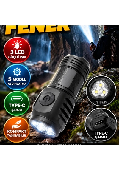 3 Led Mini El Feneri 5 Modlu Type-c Şarjlı Kompakt Aydınlatma