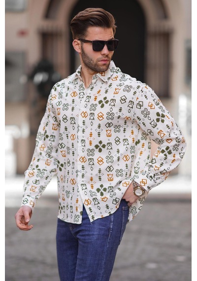 Madmext Haki Desenli Uzun Kollu Oversize Erkek Gömlek 6731 Haki