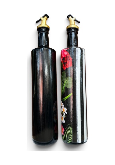750 Ml Büyük Boy El Yapımı Cam Yağdanlık Sirkelik 2'li Set Çiçek Desenli Ve Çizgili Dekoratif Zeyt Kırmızı Ve Siyah