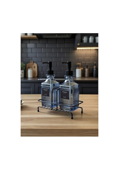 Modern Çizgili Cam İkili Sıvı Sabunluk & Deterjanlık Seti - 500ml Standlı Mutfak Ve Banyo Organizeri Mavi