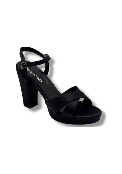 Erbay 308-26 Parlak Saten Çapraz Bant Kalın Topuk Kadın Sandalet 11cm Siyah