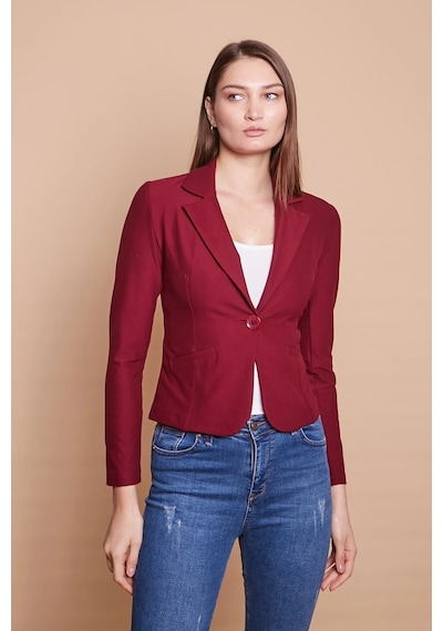 Yakalı Flato Cepli Uzun Kol Pamuklu Kumaş Kısa Blazer Ofis Ceket -bordo Bordo