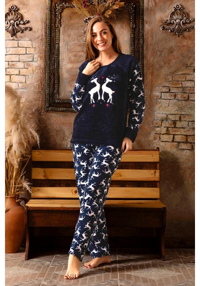 Nisanca Kışlık Kadın Polar Pijama Takımı - Yılbaşı Pijaması Lacivert