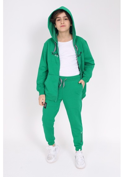 Toontoy Kids Toontoy Erkek Çocuk Pamuklu 2li Eşofman Takım Kapüşonlu Fermuarlı Hırka - Jogger Eşofman Altı 22919 Çimen Yeşili