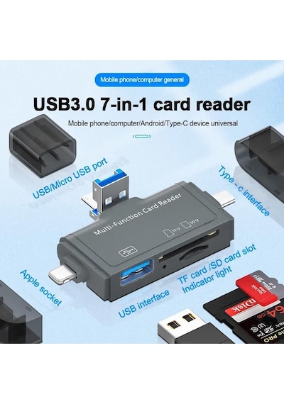 Kyrotech 7in1 Micro Usb, Type C, Apple İphone 15, 14, 13, 12, 11 Pro,pro Max Uyumlu, Multi, Kart Okuyucu, Otg, Sd Tf Usb Dönüştürücü