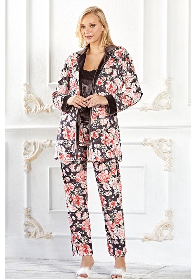 Kadife Sabahlıklı Askılı Pijama Takım Zarif Şık 3lü Set Özel Günler Flz 31-99 Desenli