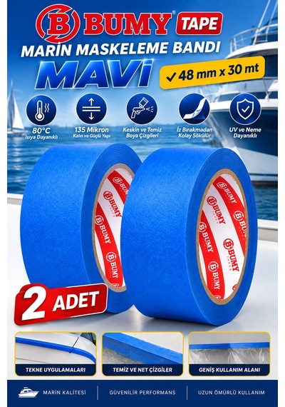 2 Adet Mavi Maskeleme Bandı 48 Mm X 30 Metre Marin Boya Bantı Isıya Dayanıklı Bant Kağıt Bantları