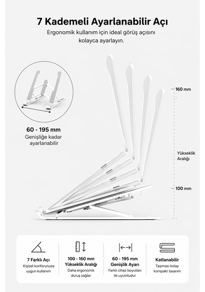 Alüminyum Laptop Standı 7 Kademeli Ayarlı Katlanabilir Tablet Tutucu Ergonomik 26 Cm
