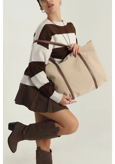 Lovelystore Çift Saplı Paraşüt Kumaş Büyük Boy Shopper Çanta Üniversite Ofis Anne Bebek Omuz Çantası 47x30x15 Krem