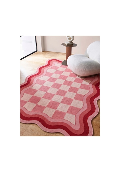 Sdt Retro Damalı Ve Dalgalı Pembe - Krem Dokuma Taban Dekoratif Halı Sdt690 Çok Renkli