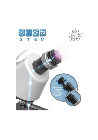 Temel Beyaz Stem Mikroskop Seti 100x 400x 1200x Plastik Gövdeli Bilim Kiti