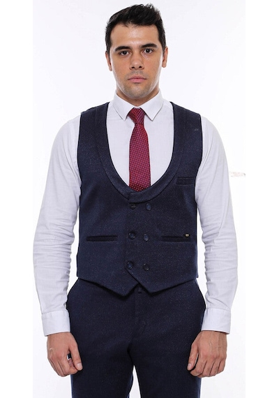 Desenli Kruvaze Koyu Lacivert Erkek Yelek Pantolon Set - Wessi