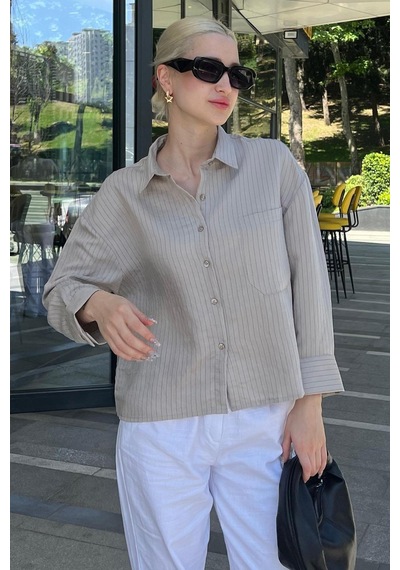 Madmext Gri Çizgili Oversize Kadın Gömlek Mg2093-gri Gri