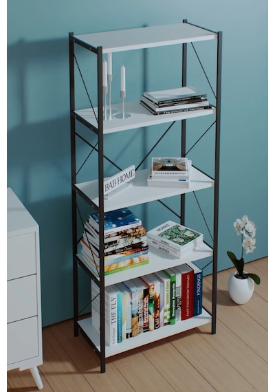 Dekoratif 5 Raflı Metal Kitaplık Dosya Kitap Rafı Ofis Rafı Beyaz