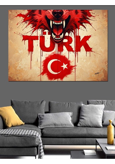 Türkiye Kalp Logo Kurt İllüstrasyon Dekoratif Kanvas - Mdf Ahşap Tablo