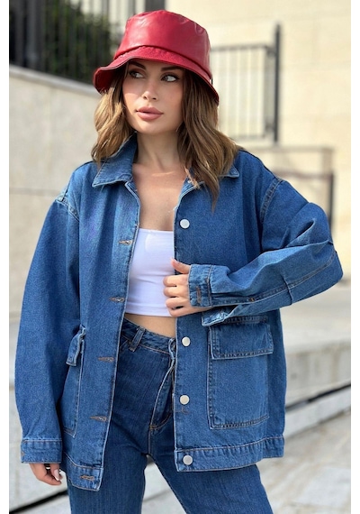 Kadın Mavi Geniş Cepli, Kaliteli Jeans Kumaş, Salaş Kot Ceket
