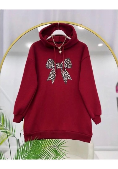 Lovie Moda Kadın Leopar Fiyonk Baskılı Sweatshirt Bordo
