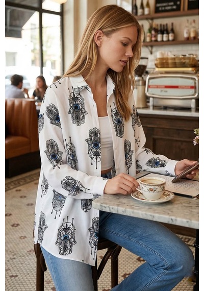 Armonika Kadın Açık Mavi Desenli Oversize Uzun Basic Gömlek Arm-22y001148