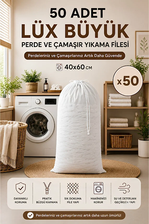 50 Adet 40x60 Büyük Boy Perde Ve Çamaşır Yıkama Filesi Beyaz