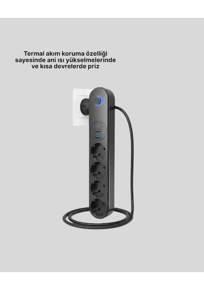 Ceylan Adam 4 Lü Çoklu Priz 2 Usb Type-c Girişli Akım Korumalı Siyah Standart