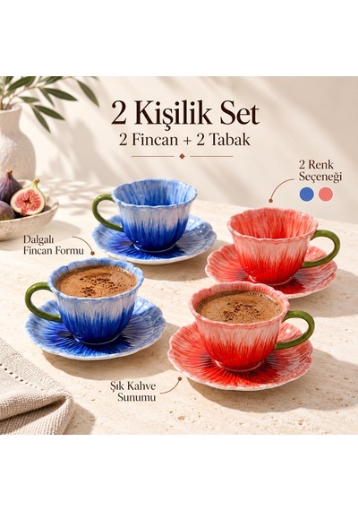 Tr 2 Kişilik Porselen Kahve Fincan Seti Dalgalı 2 Fincan 2 Tabak,mavi Diğer