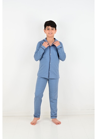Vitmo Erkek Çocuk Uzun Kollu Pamuklu Düğmeli Pijama Takımı Mini Kare İndigo Vitmo Erkek Çocuk Uzun Kollu Pamuklu Düğmeli Pijama Takımı Mini Kare İndigo