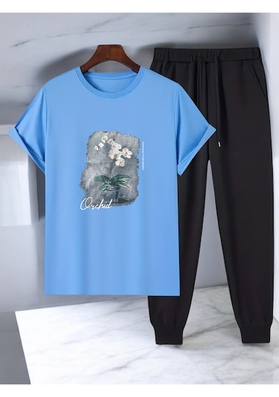 Uyguntarz Unisex Saksı Tasarım Basklı Tshirt Eşofman Takımı Bebe Mavi