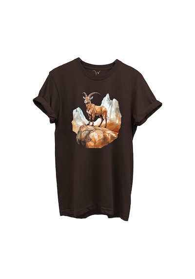 Dağ Keçisi Tasarımlı Avcılık Konseptli %100 Pamuk Regular Fit Bisiklet Yaka Unisex T-shirt Acı Kahverengi
