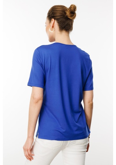 Kadın Açma Yaka Nakış İşlemeli Penye T-shirt Saks Saks