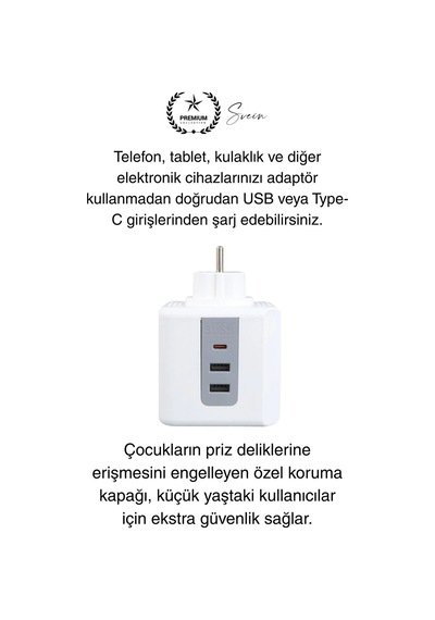 Premium 3'lü Duvar Çocuk Ve Akım Korumalı Isıya Dayanıklı Çoklu Küp Priz Usb Type-c Girişli Topraklı Diğer
