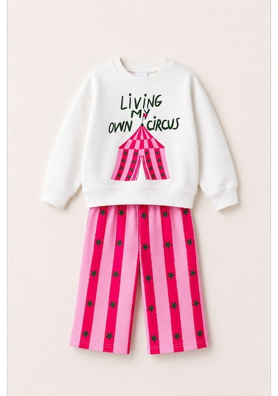 Monila Kız Çocuk Sirk Baskılı Ekru Sweatshirt Ve Pembe Çizgili Yıldız Baskılı Eşofman Alt Üst Takım