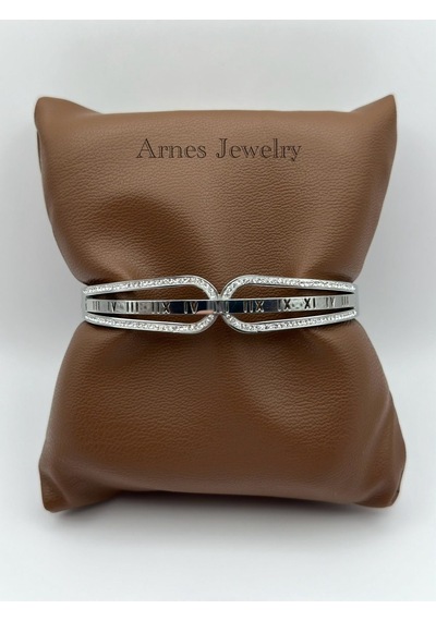 Arnes Jewelry Çelik Silver Roma Rakamlı Kelepçe Bileklik Ar10 Silver