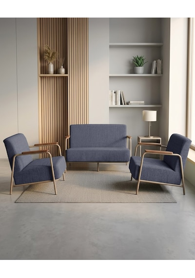 Atlas 2+1+1 Dokuma Kumaş Ofis Cafe Bekleme Koltuk Takımı Cappuccino Metal Kot Mavisi Mavi
