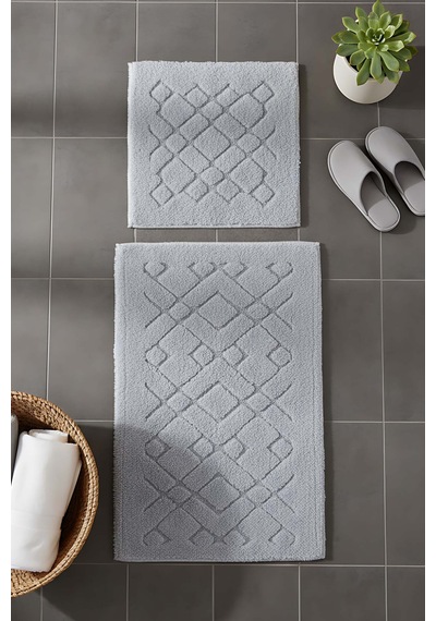 Geometrik Desenli Pamuklu 2 Li Banyo & Klozet Paspas Takımı Gri