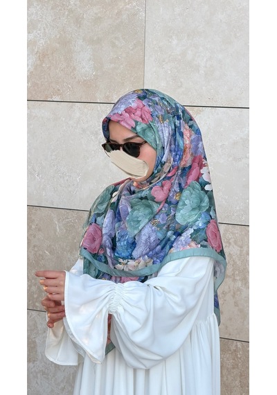Qalortex Scarf Pamuklu Gonca Desen Eşarp - Su Yeşil
