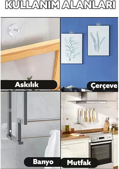 Süper Sağlam İz Bırakmaz Çerçeve Tablo Banyo Mutfak Ultra Güçlü Yapışkanlı Çivisiz Askı 3 Adet Çok Renkli