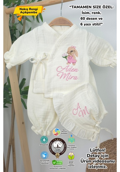 Gros Shop Müslin Yeni Doğan 4katlı Organik %100pamuk Kişiye Özgü Nakışlı Hastane Çıkış Seti Tavşan Modell-2 Ekru