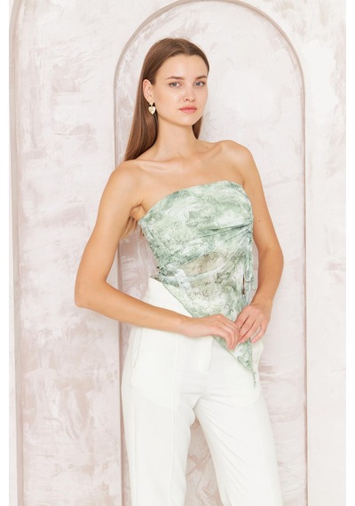 Darlin Moda Kadın Yeşil Desenli Astarlı Tül Straplez Bluz Dm7006 Yeşil