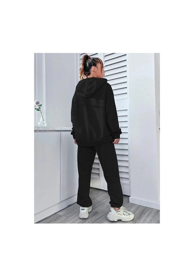 Tarzsokak Siyah Kalp Dijital Baskılı Kışlık Unisex Eşofman Takımı