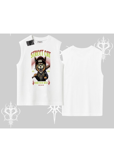 Tarzsokak Street Cat Kedi Baskılı Kolsuz Tshirt Beyaz