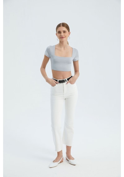 Hiccup Kare Yaka Temel Crop Top Açık Gri
