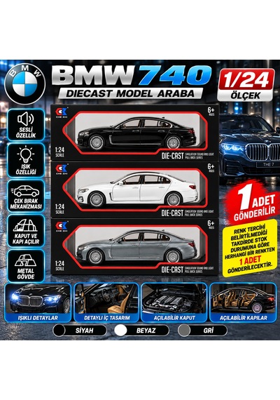 Bmw 740 Metal Gövdeli 1/24 Ölçek Sesli Işıklı Model Araba Çek Bırak 1 Adet
